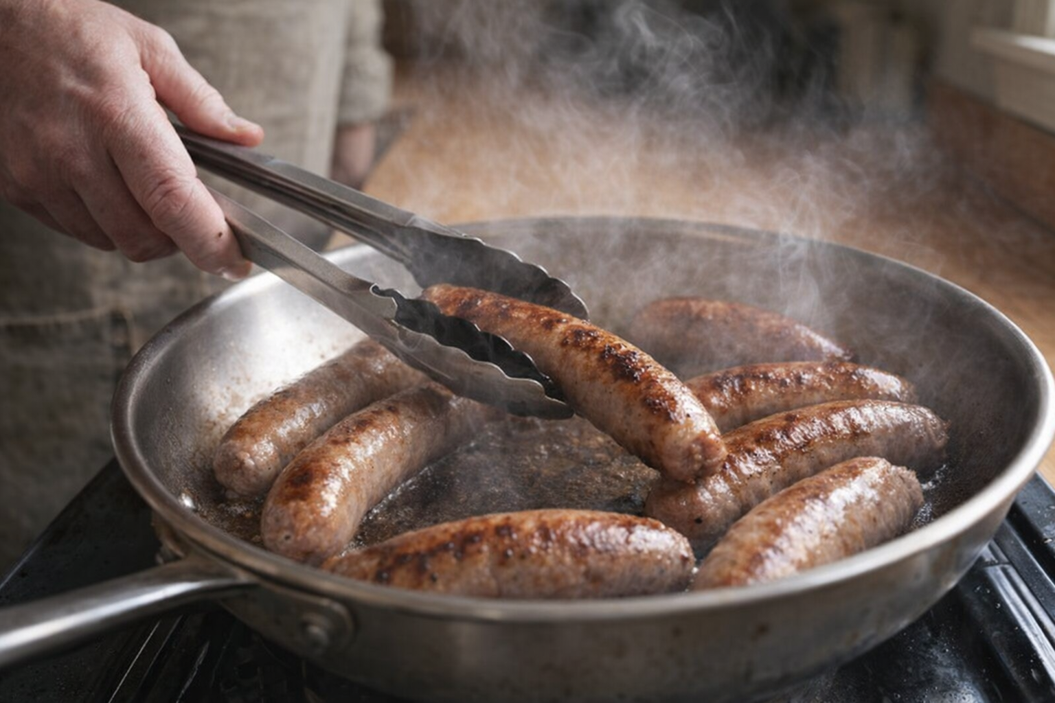 An action shot showing Italian sausage links being browned in a stainless steel skillet, with tongs turning the sausages. Steam is rising from the pan.